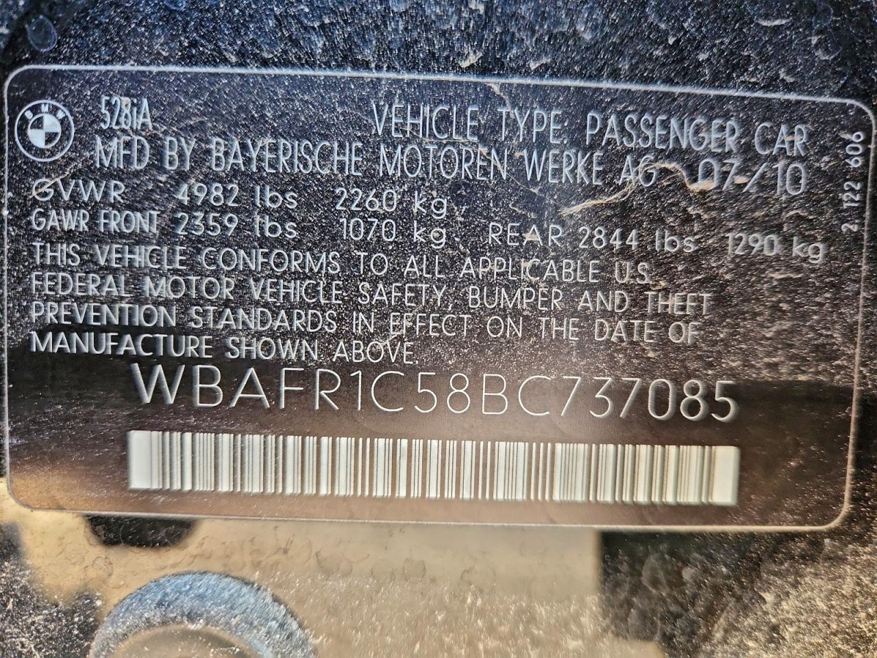 2011 BMW 528 I VIN: WBAFR1C58BC737085 Lot: 94171675