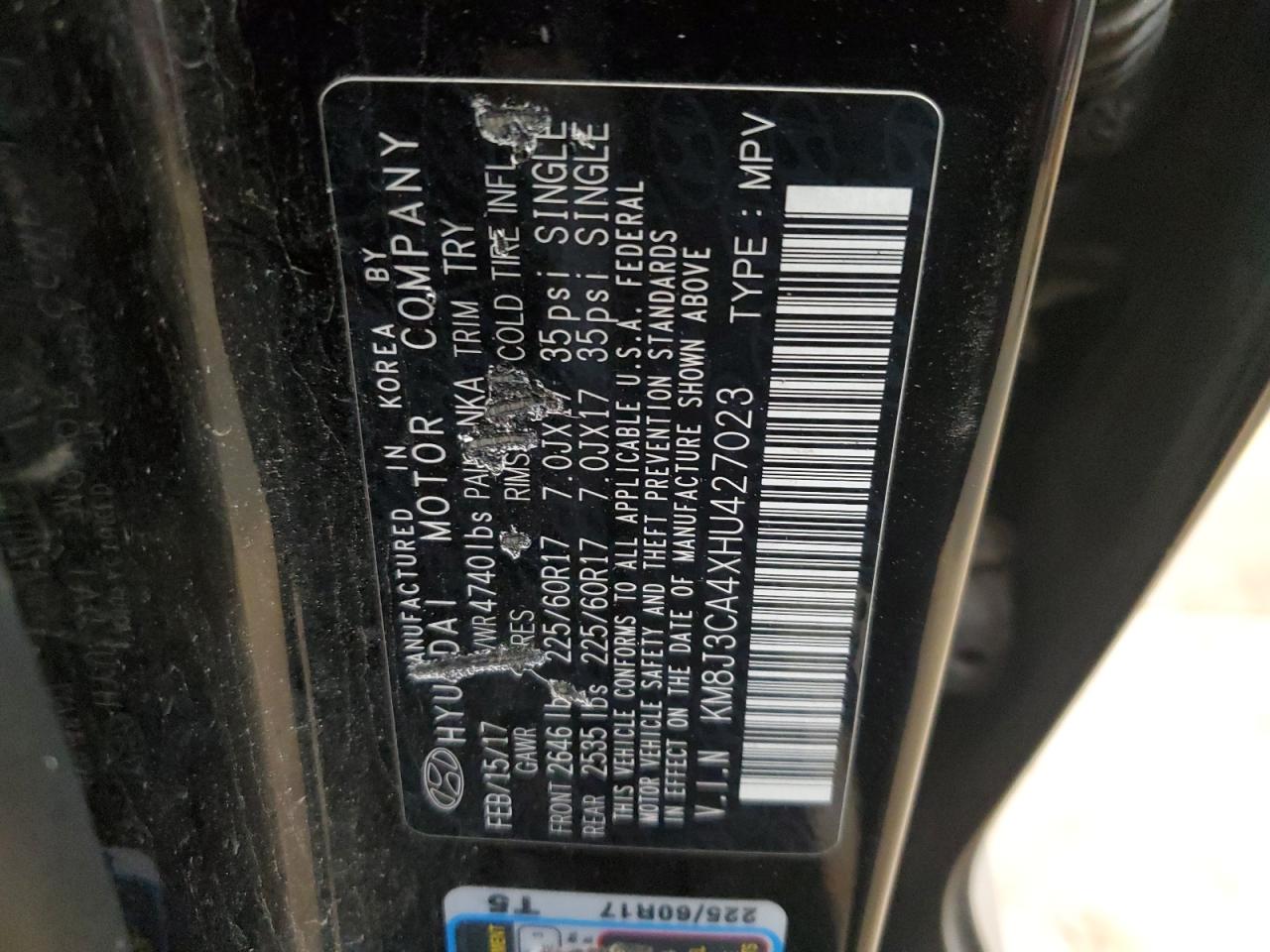 2017 Hyundai Tucson Limited VIN: KM8J3CA4XHU427023 Lot: 93117535