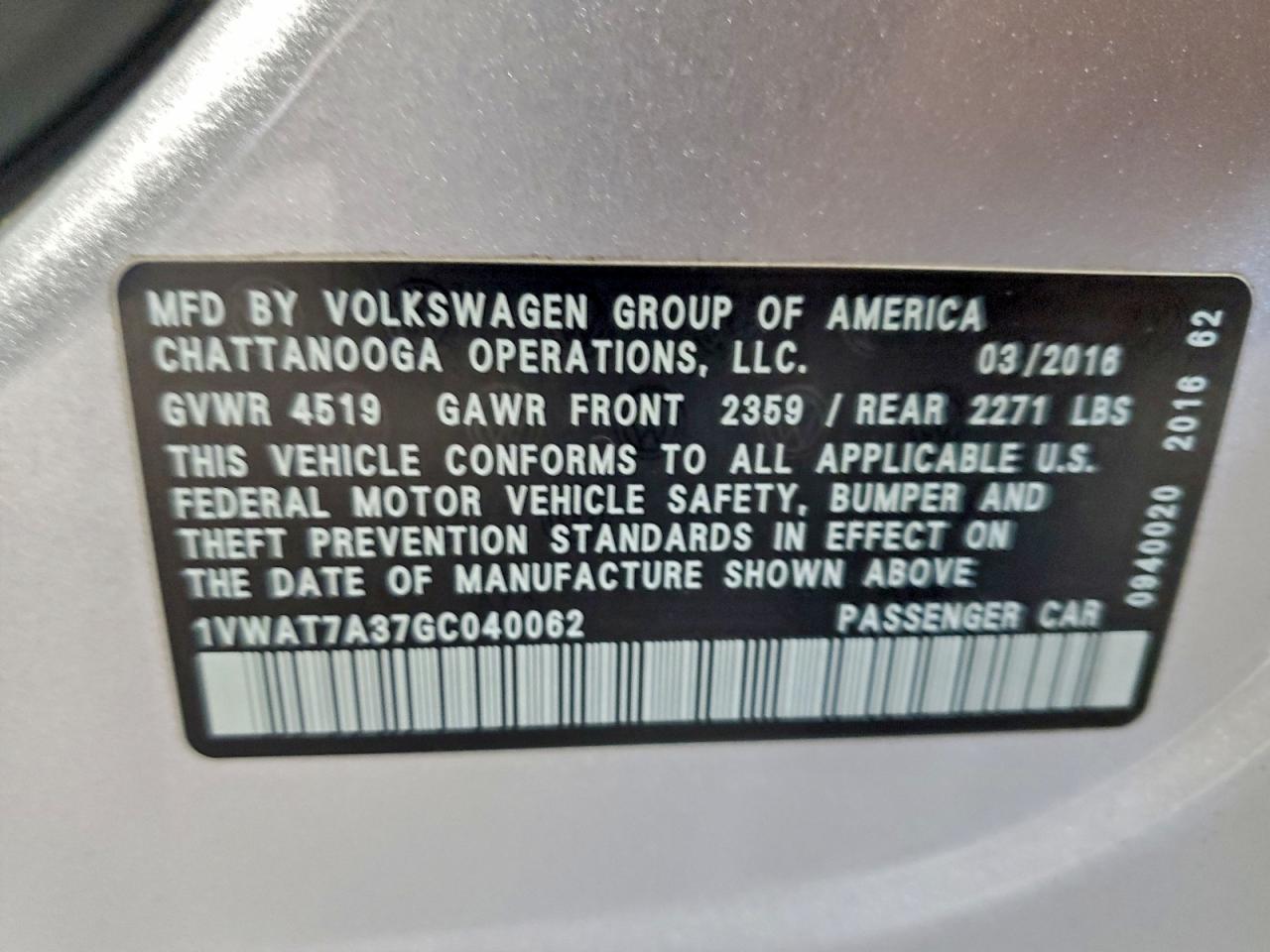 2016 Volkswagen Passat S VIN: 1VWAT7A37GC040062 Lot: 94195445