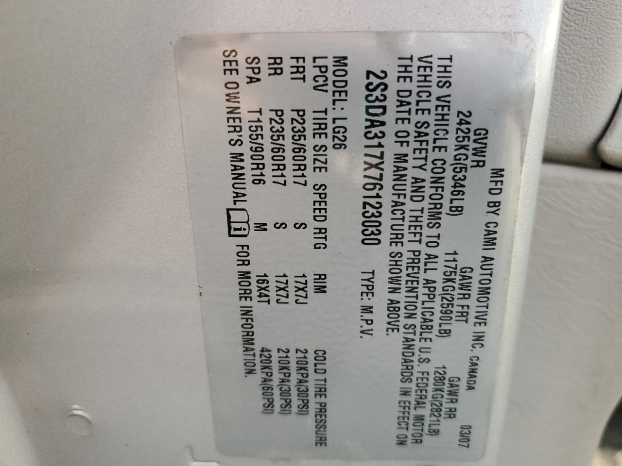 2007 Suzuki Xl7 Luxury VIN: 2S3DA317X76123030 Lot: 91553655