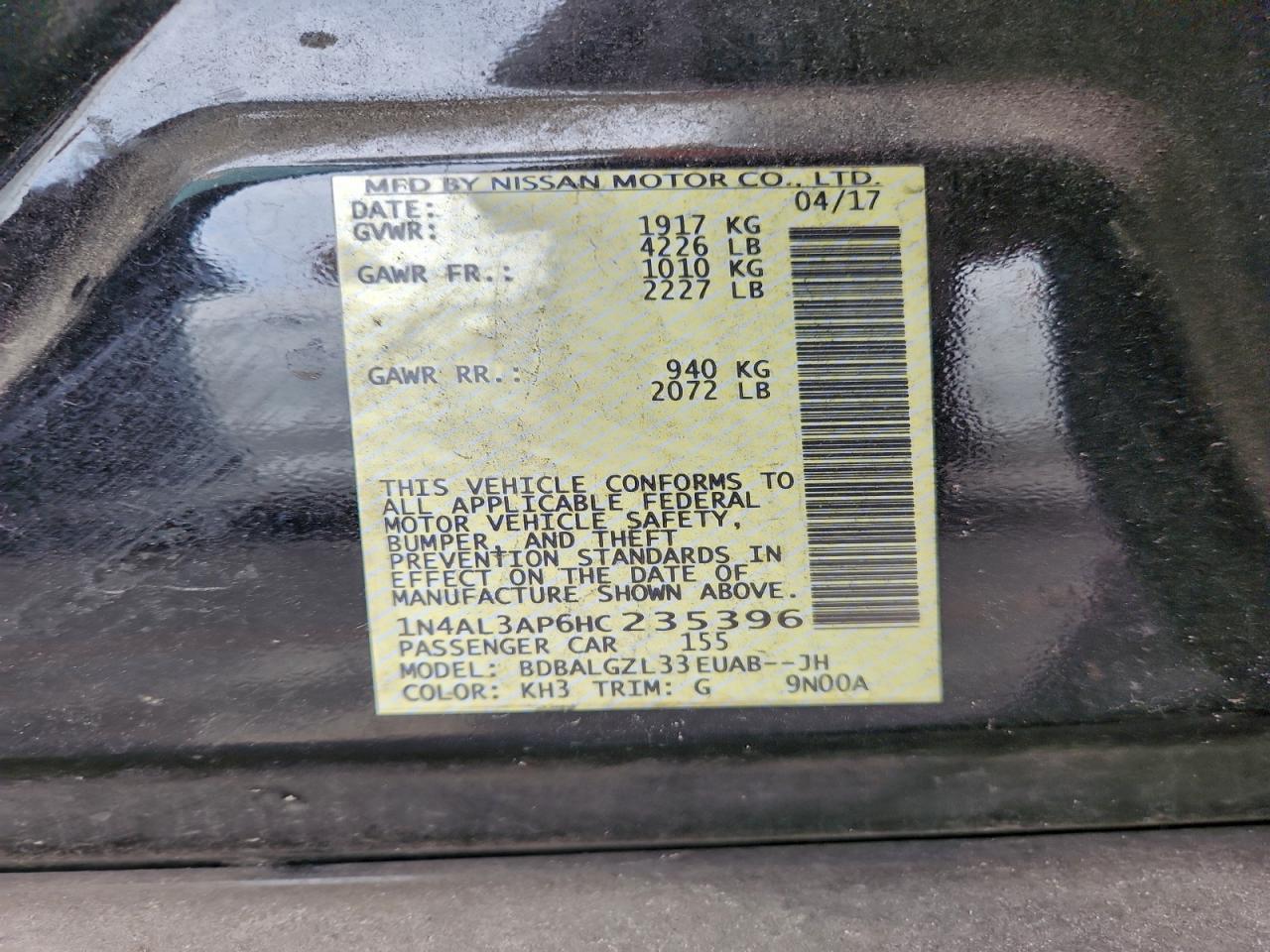 2017 Nissan Altima 2.5 VIN: 1N4AL3AP6HC235396 Lot: 94172155