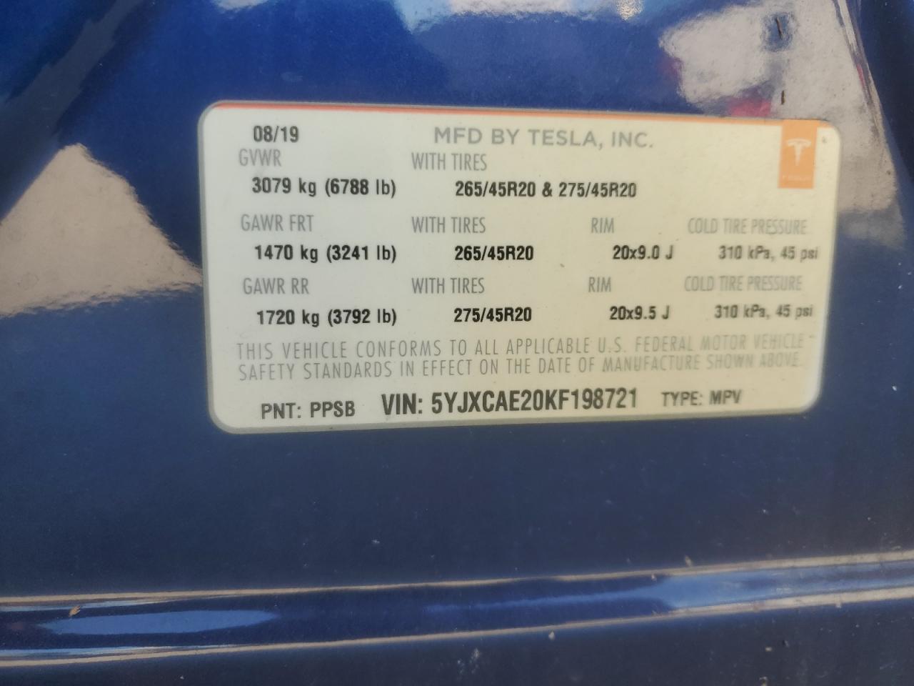 2019 Tesla Model X VIN: 5YJXCAE20KF198721 Lot: 93403785