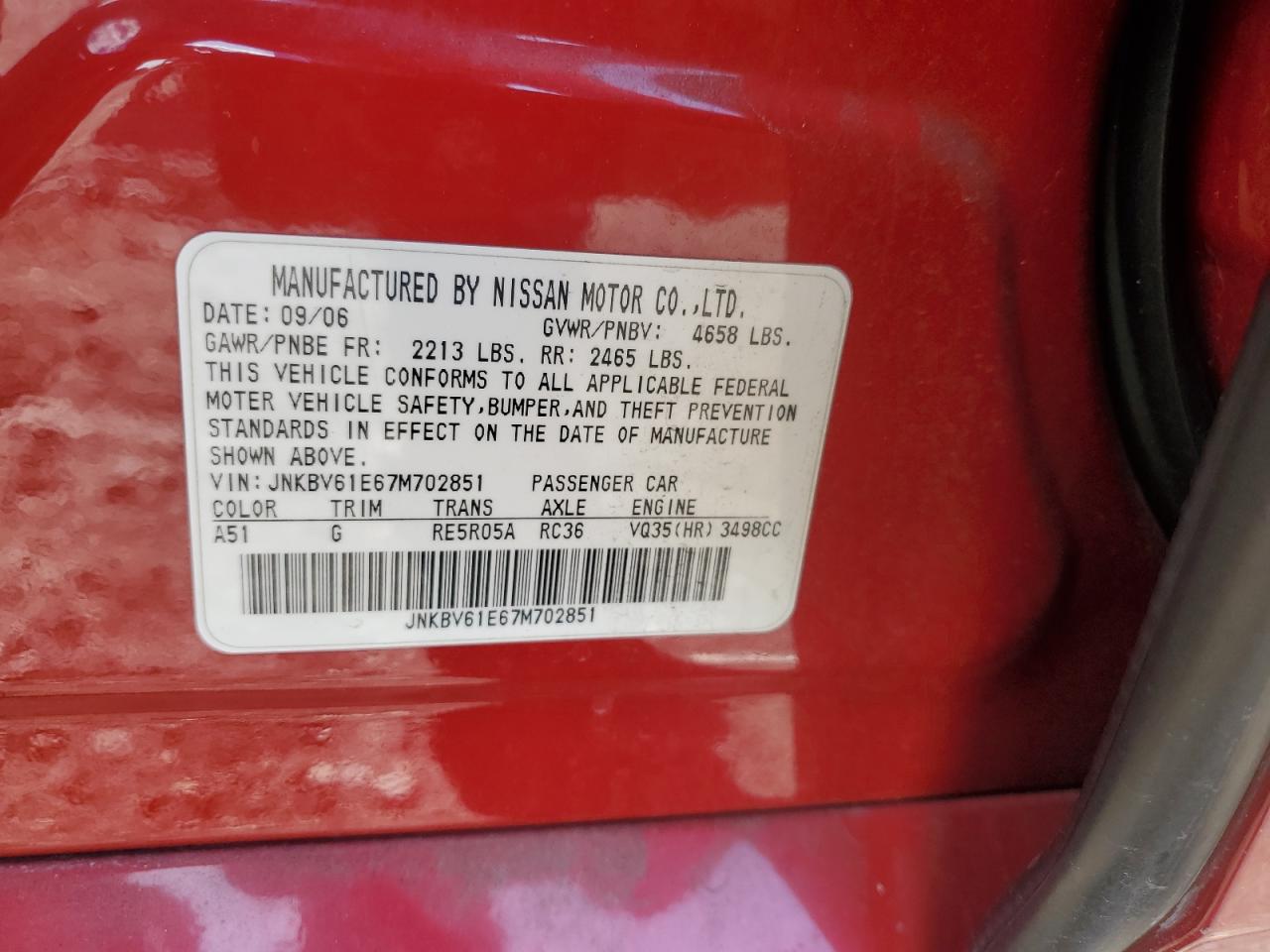 2007 Infiniti G35 VIN: JNKBV61E67M702851 Lot: 93550145