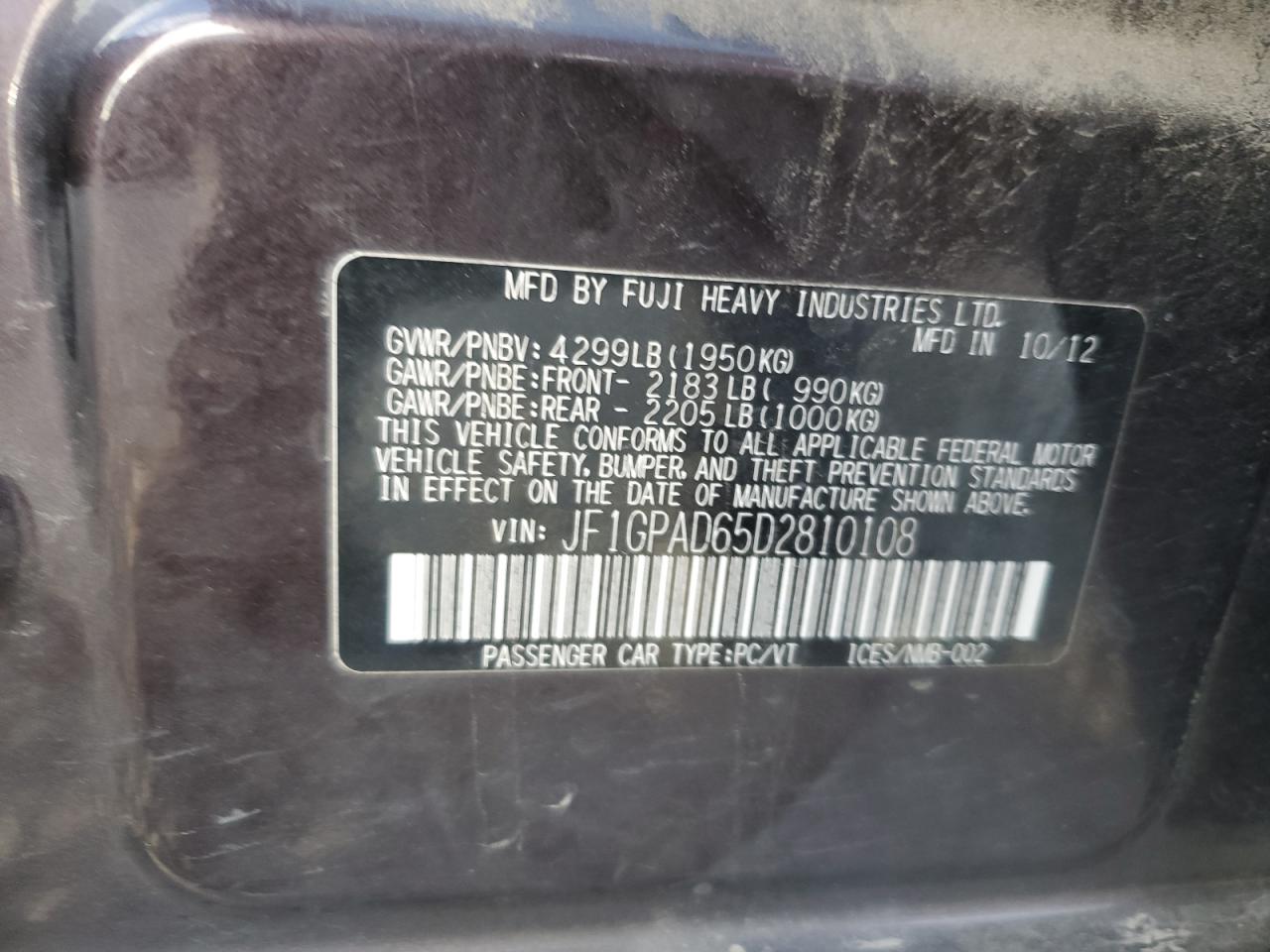 2013 Subaru Impreza Premium VIN: JF1GPAD65D2810108 Lot: 93572105