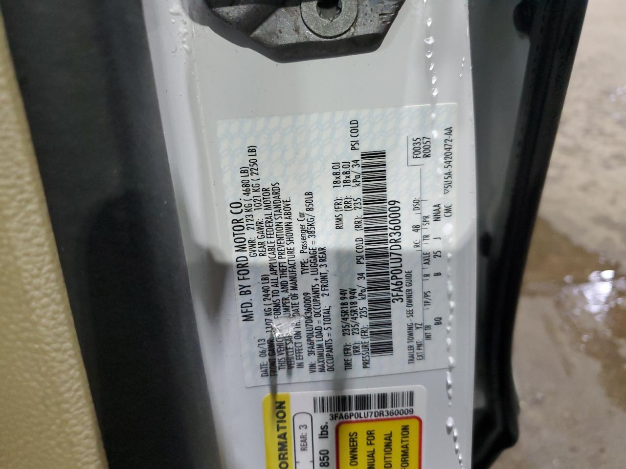 2013 Ford Fusion Se Hybrid VIN: 3FA6P0LU7DR360009 Lot: 92398755