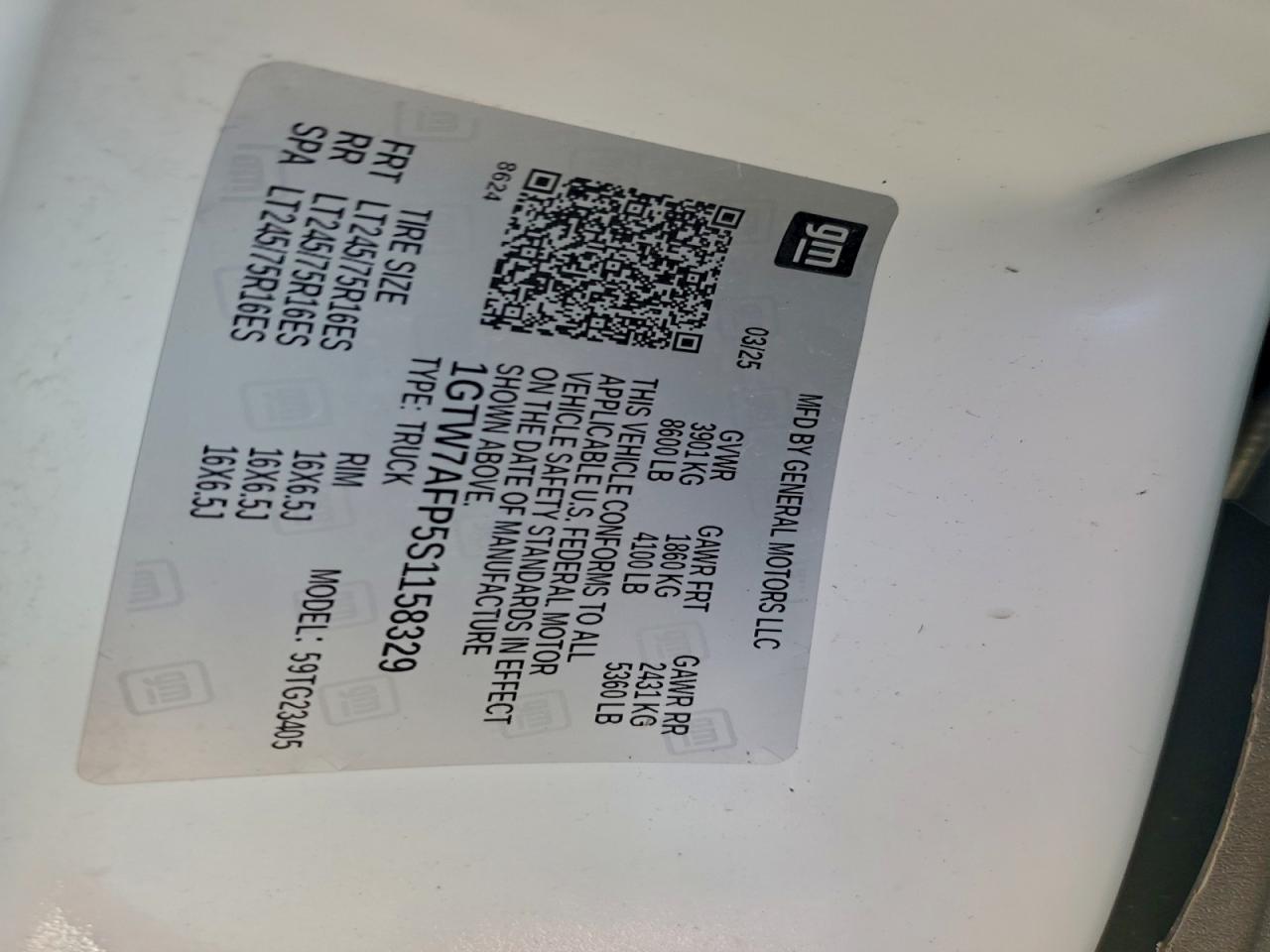 2025 GMC Savana G2500 VIN: 1GTW7AFP5S1158329 Lot: 94311345