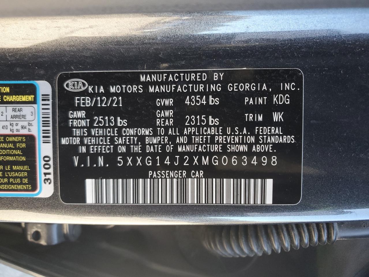 2021 Kia K5 Lxs VIN: 5XXG14J2XMG063498 Lot: 92409395