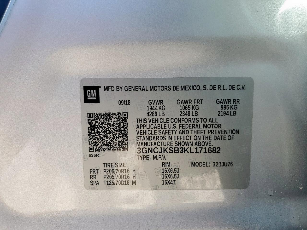 2019 Chevrolet Trax Ls VIN: 3GNCJKSB3KL171682 Lot: 91200615