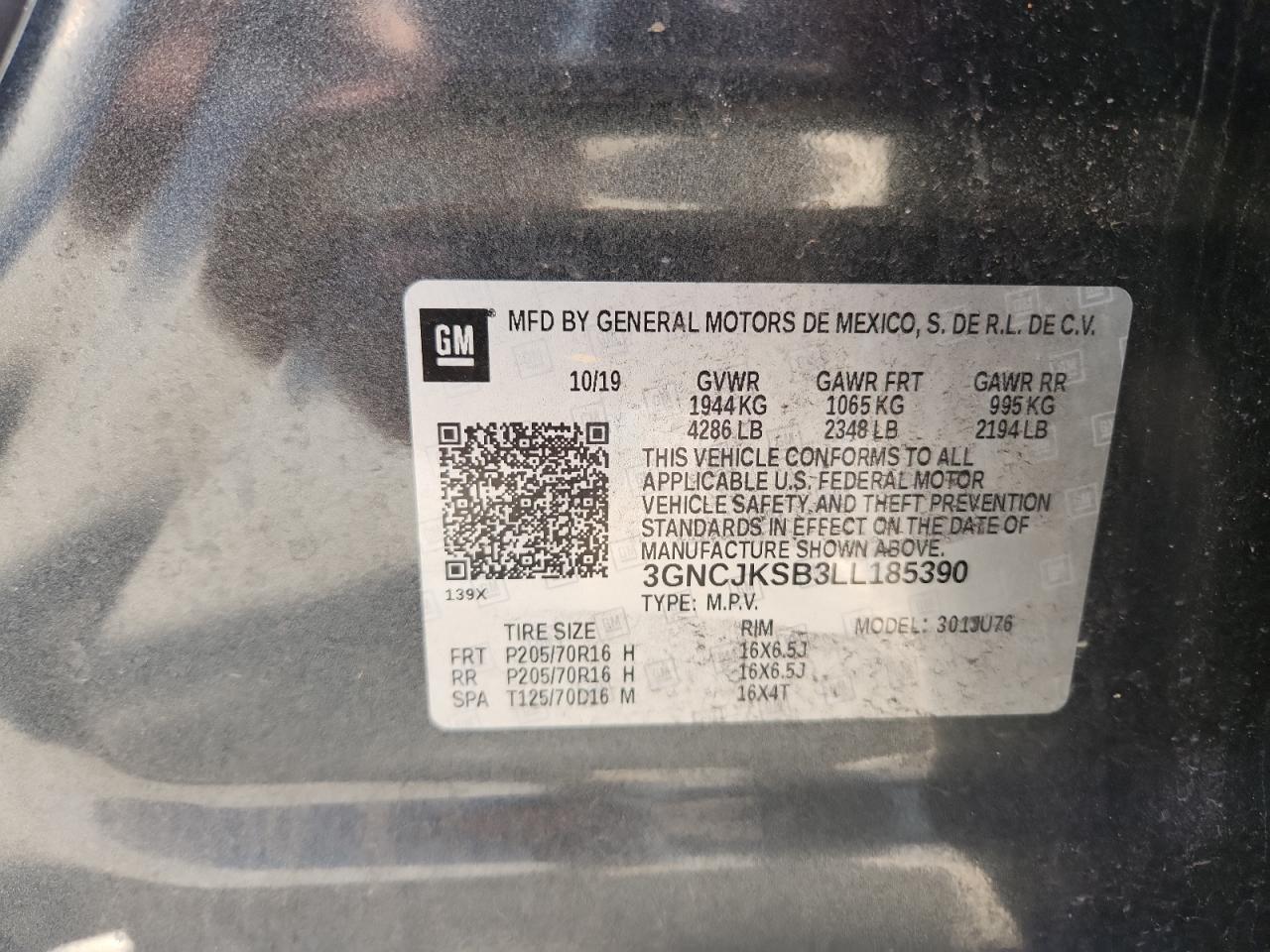 2020 Chevrolet Trax Ls VIN: 3GNCJKSB3LL185390 Lot: 92690005