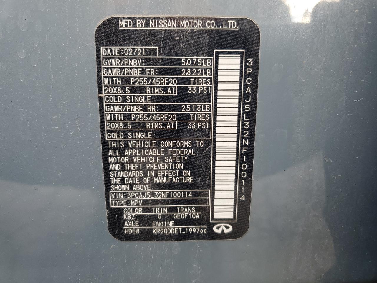 2022 Infiniti Qx55 Sensory VIN: 3PCAJ5L32NF100114 Lot: 92674495