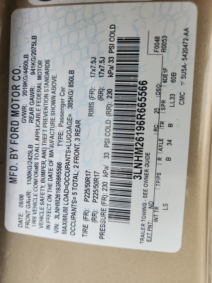 2006 Lincoln Zephyr VIN: 3LNHM26196R665566 Lot: 92680185