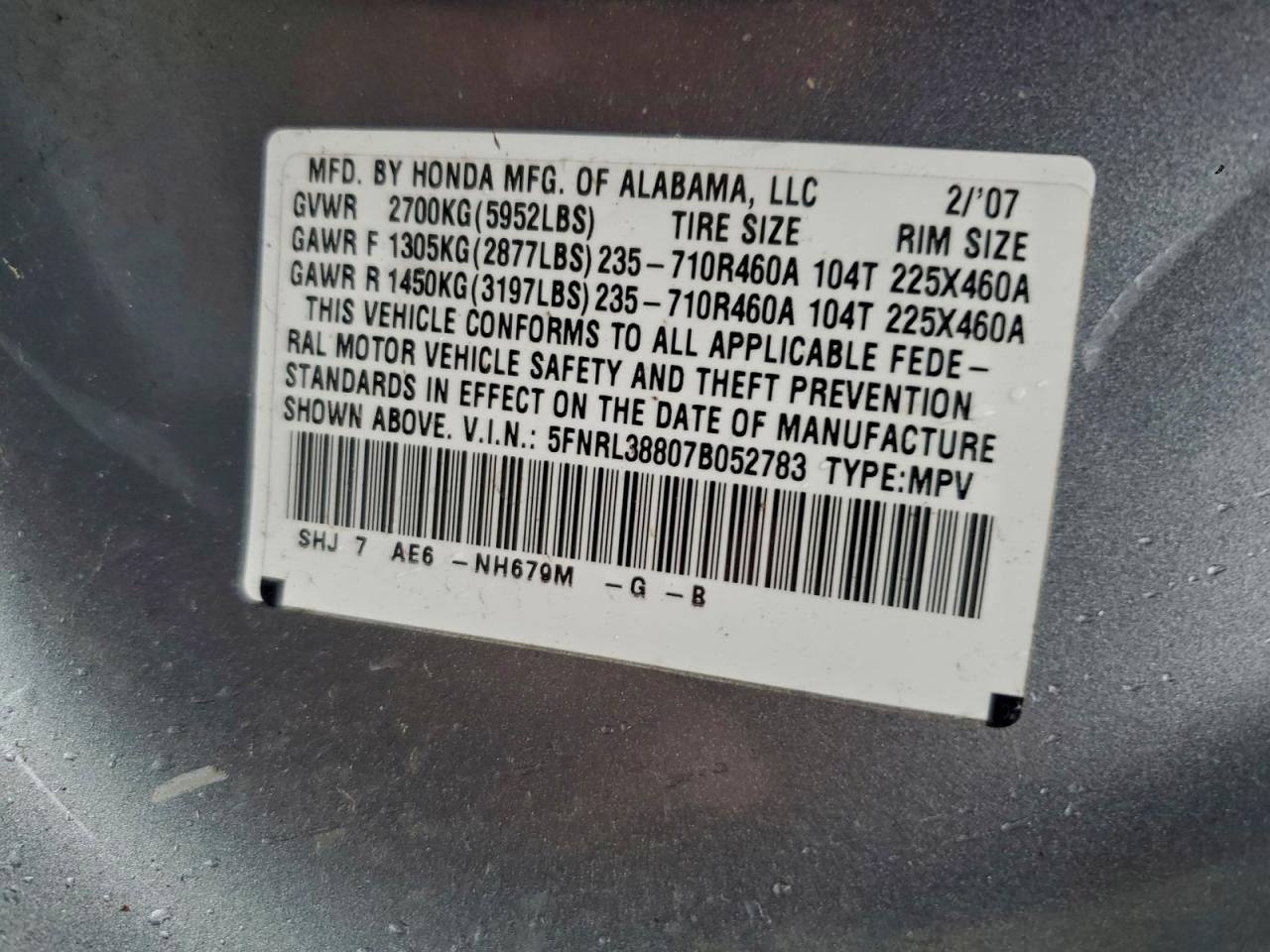 2007 Honda Odyssey Touring VIN: 5FNRL38807B052783 Lot: 94533915