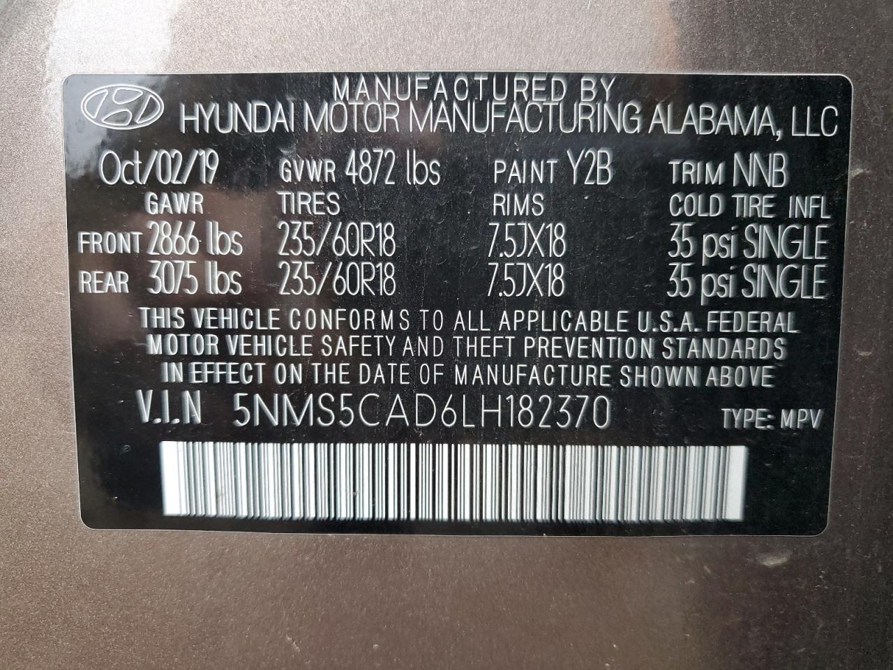 2020 Hyundai Santa Fe Limited VIN: 5NMS5CAD6LH182370 Lot: 92732725