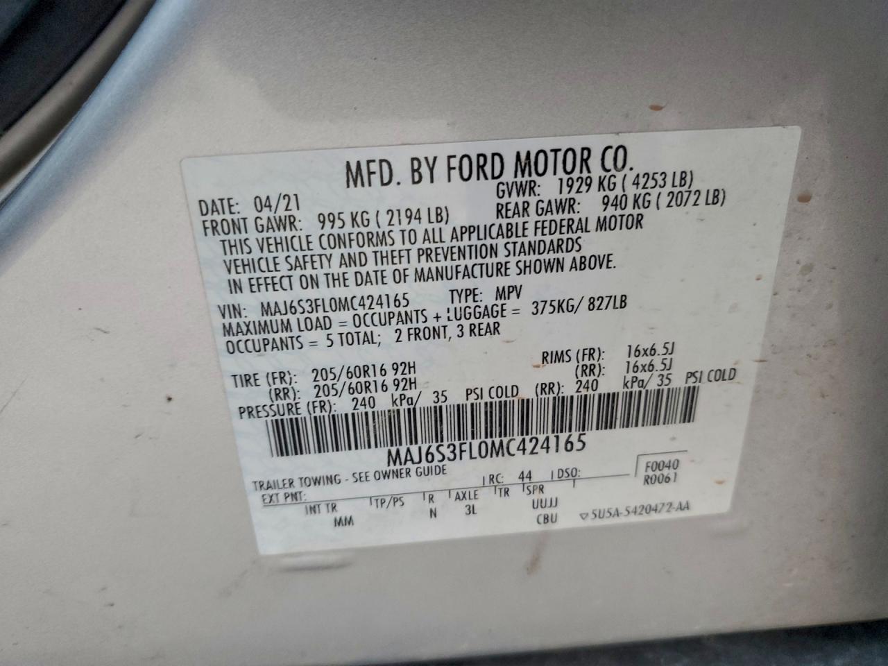 2021 Ford Ecosport S VIN: MAJ6S3FL0MC424165 Lot: 93004225