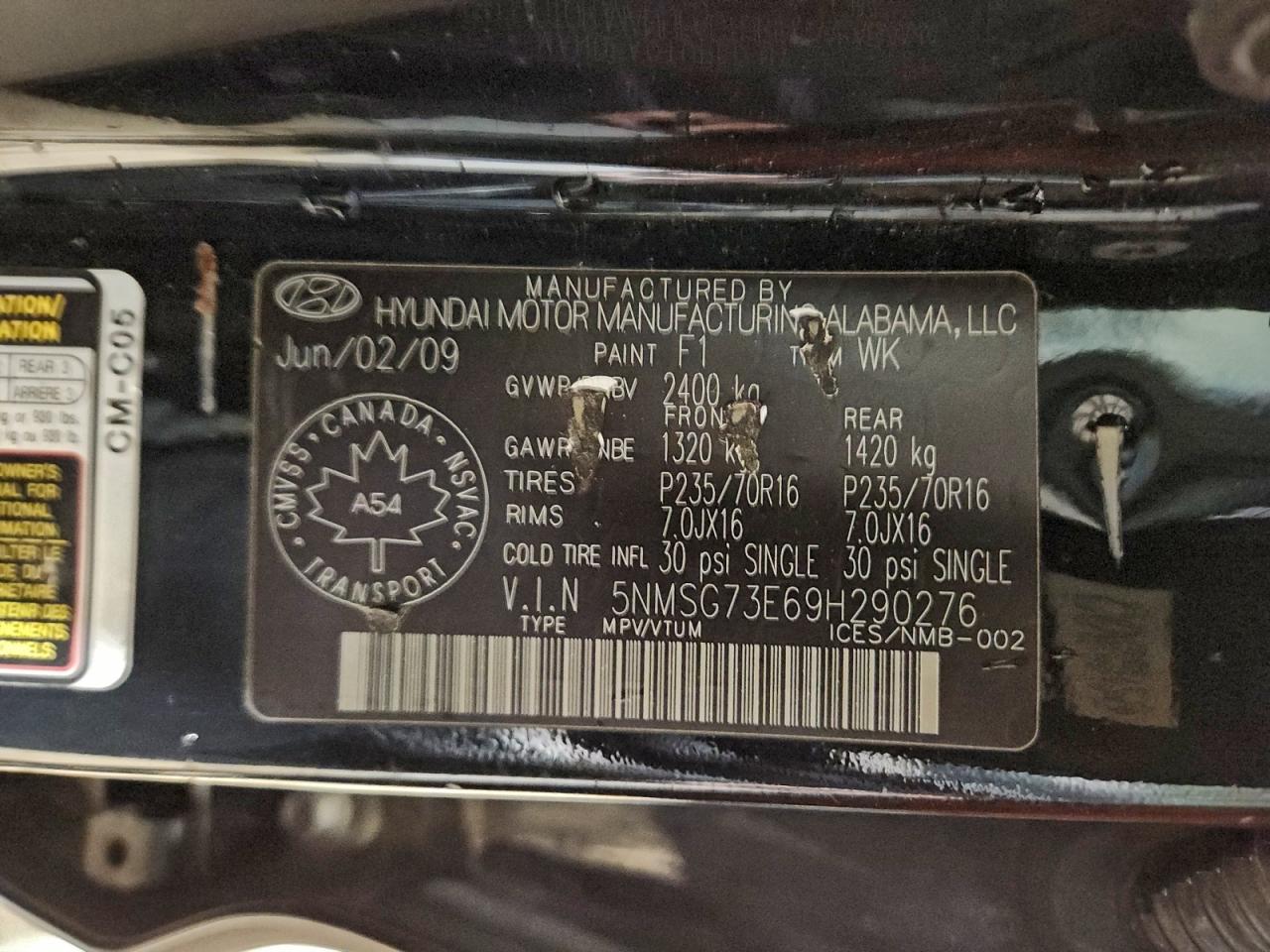 2009 Hyundai Santa Fe Gl VIN: 5NMSG73E69H290276 Lot: 94627885