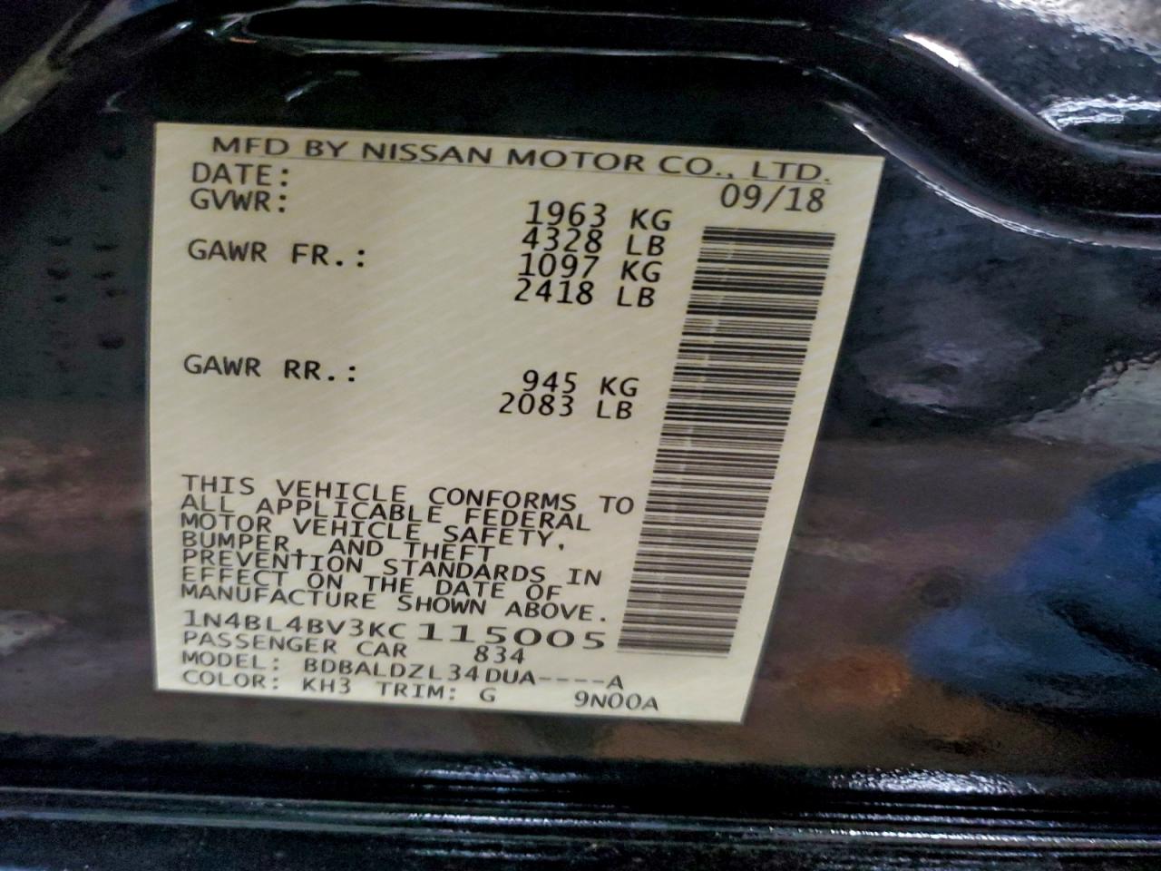 2019 Nissan Altima S VIN: 1N4BL4BV3KC115005 Lot: 94658335