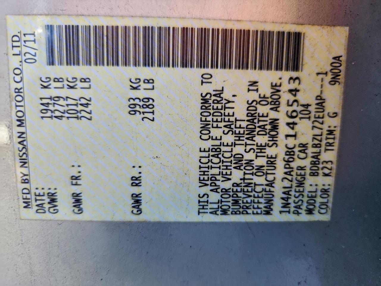 2011 Nissan Altima Base VIN: 1N4AL2AP6BC146543 Lot: 93391445