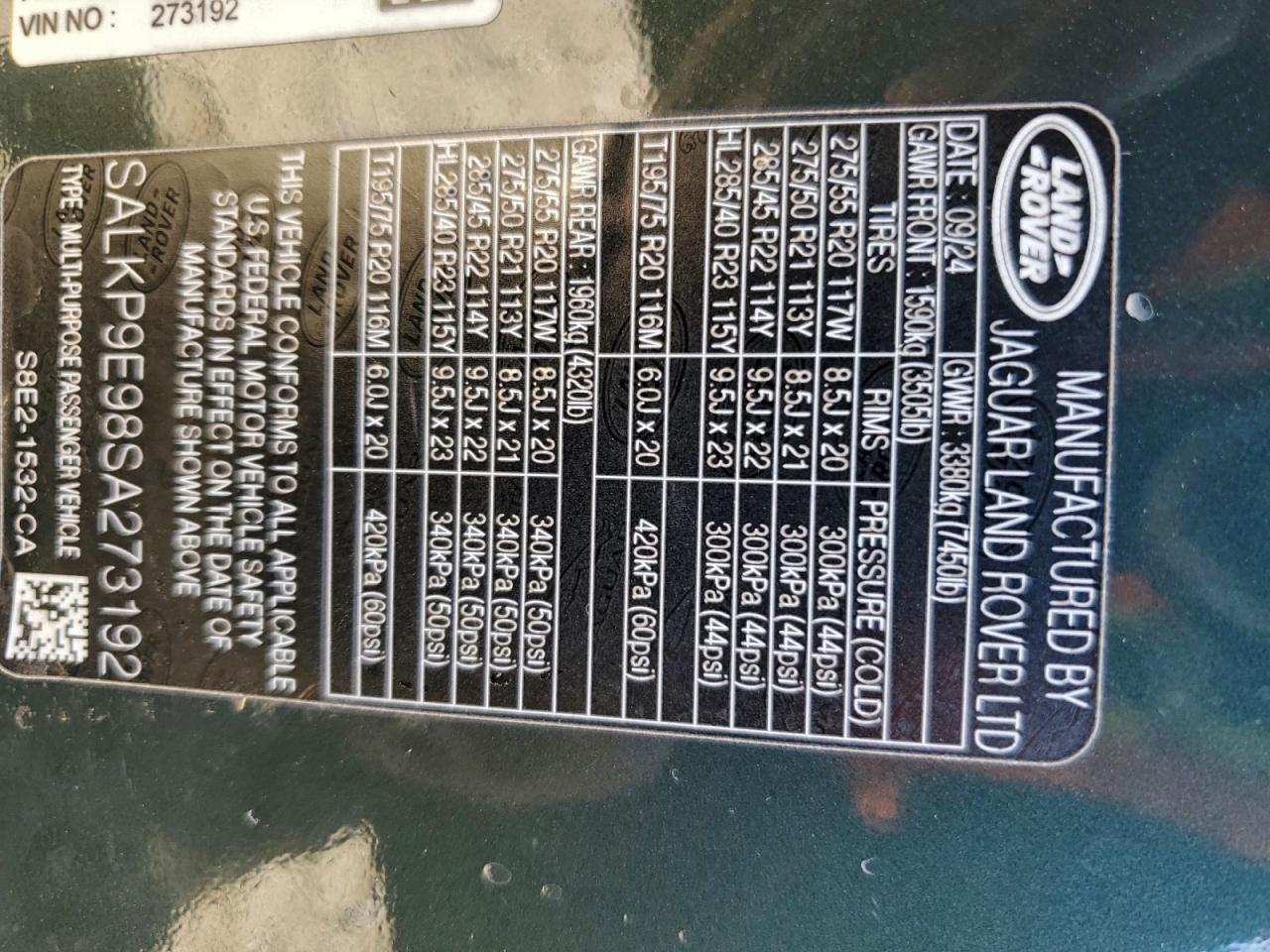 2025 Land Rover Range Rover Se VIN: SALKP9E98SA273192 Lot: 94610965