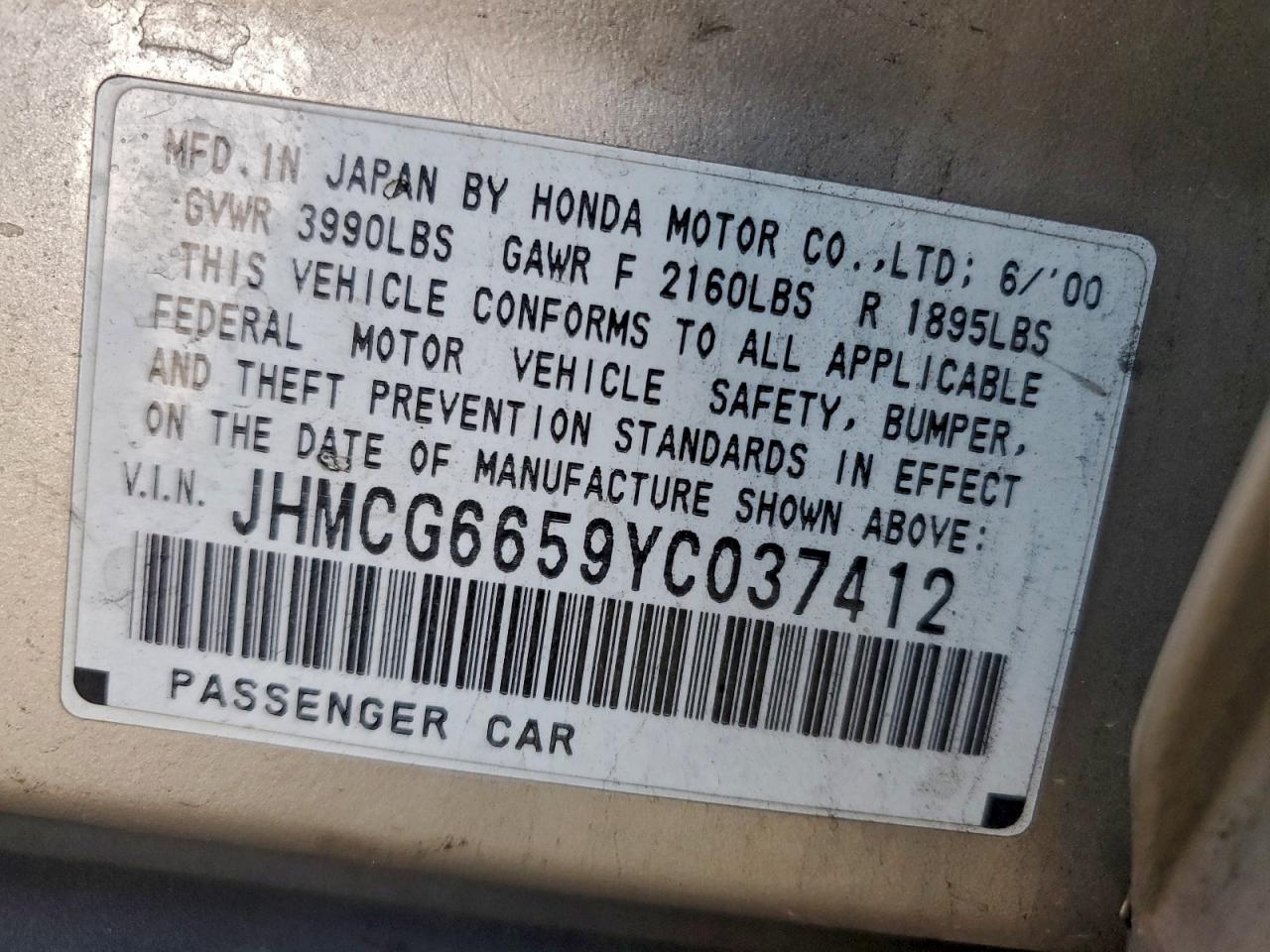2000 Honda Accord Lx VIN: JHMCG6659YC037412 Lot: 94376805