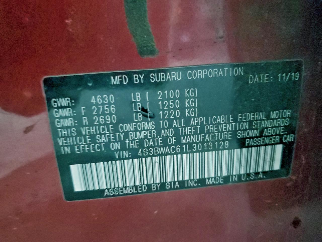 2020 Subaru Legacy Premium VIN: 4S3BWAC61L3013128 Lot: 94120595