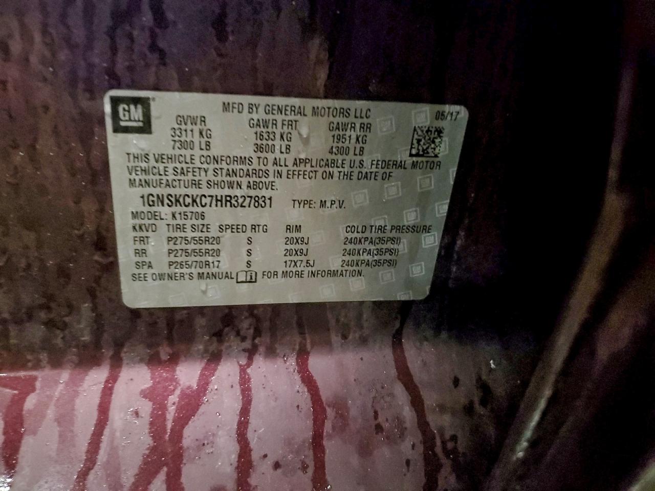 2017 Chevrolet Tahoe K1500 Premier VIN: 1GNSKCKC7HR327831 Lot: 94279715