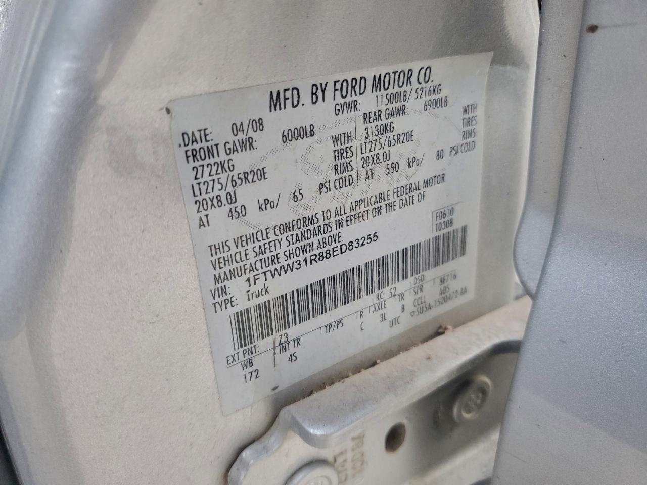 2008 Ford F350 Srw Super Duty VIN: 1FTWW31R88ED83255 Lot: 92990255