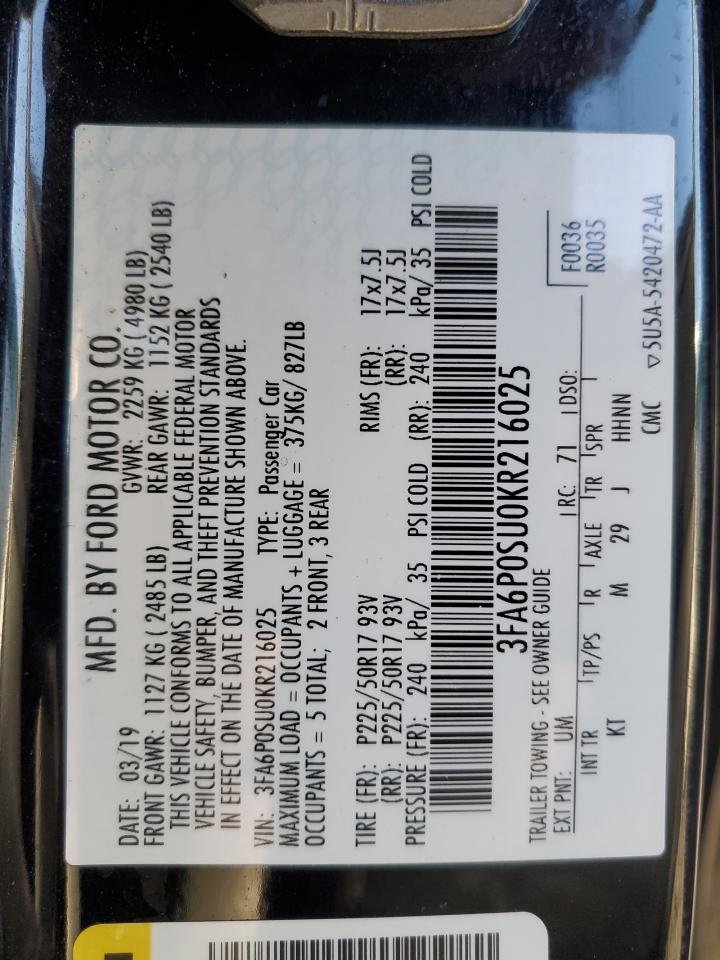 2019 Ford Fusion Titanium VIN: 3FA6P0SU0KR216025 Lot: 93700735