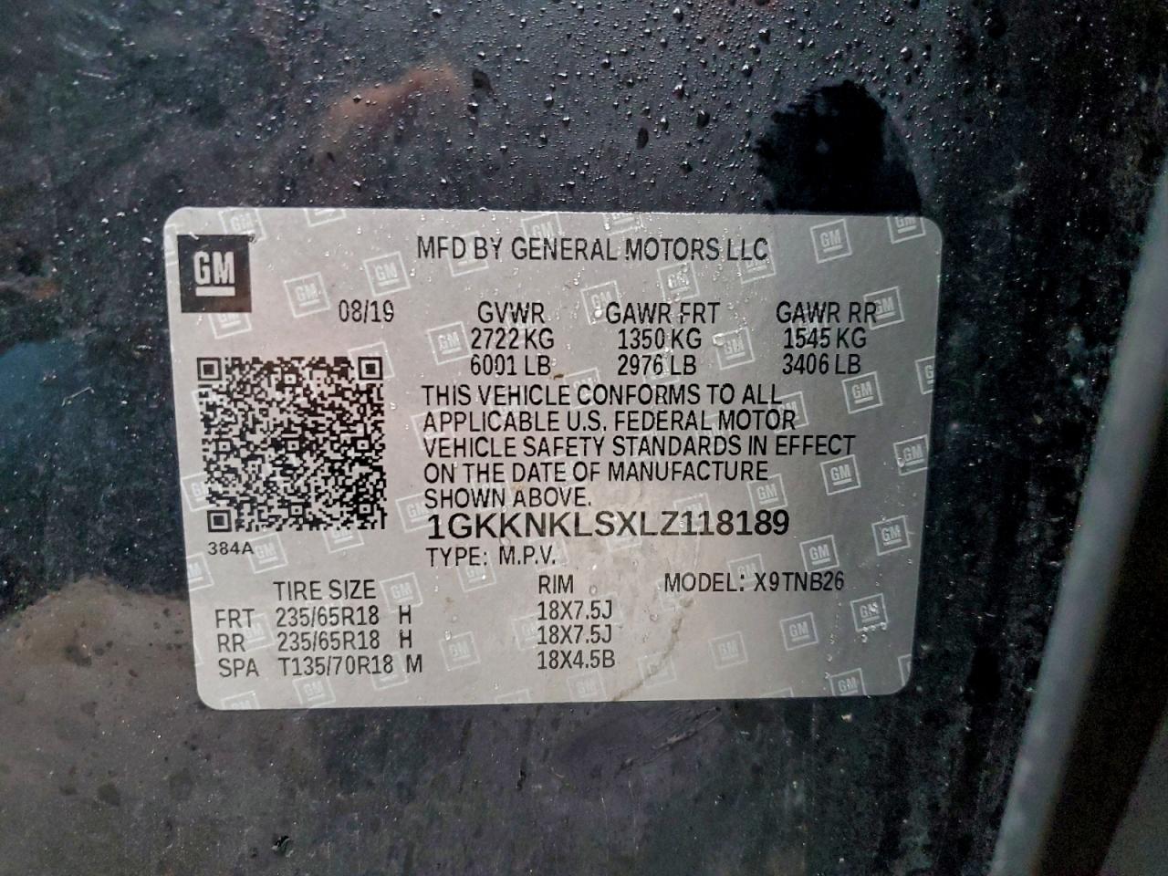 2020 GMC Acadia Sle VIN: 1GKKNKLSXLZ118189 Lot: 93931665