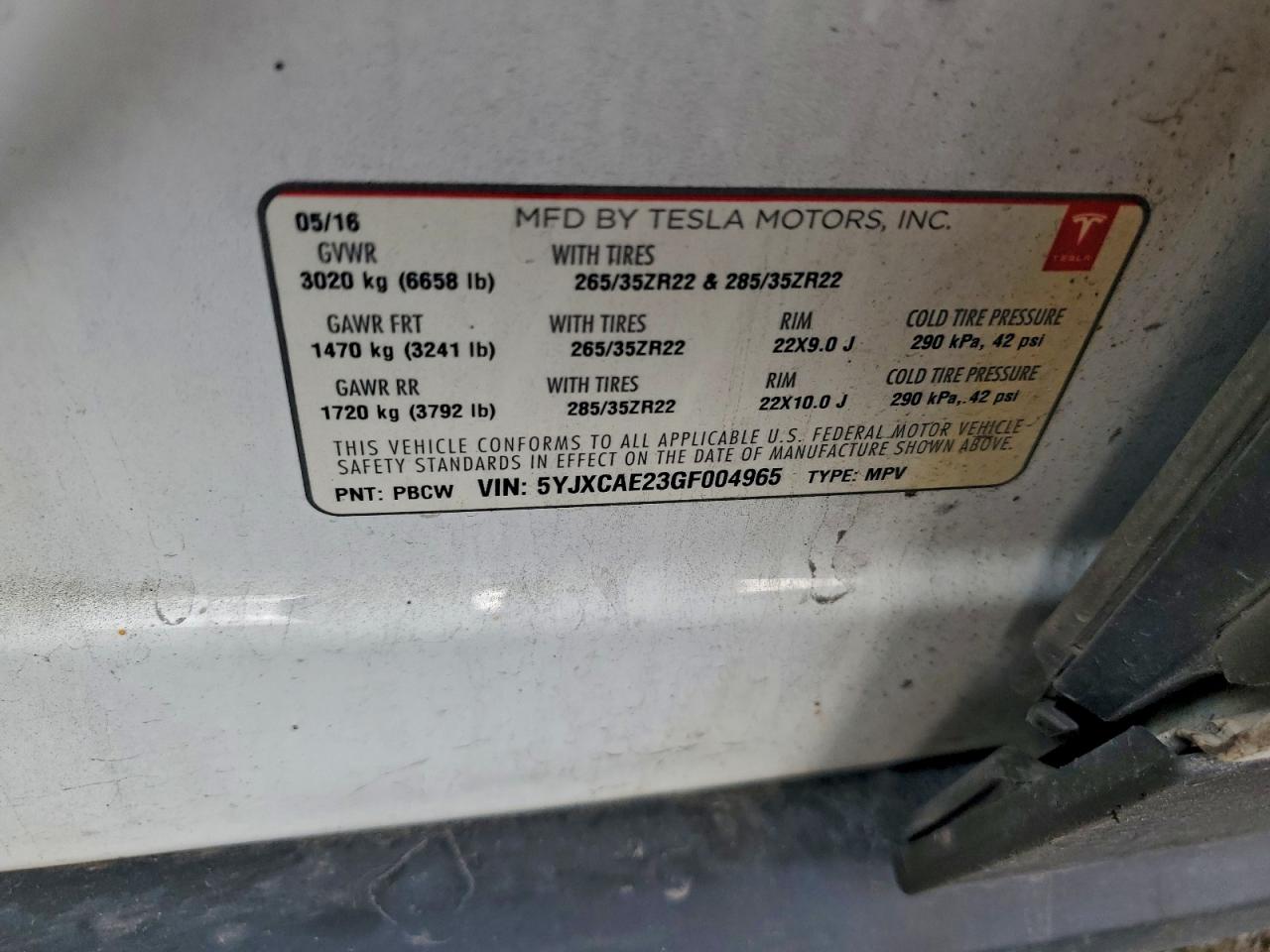 2016 Tesla Model X VIN: 5YJXCAE23GF004965 Lot: 93730885