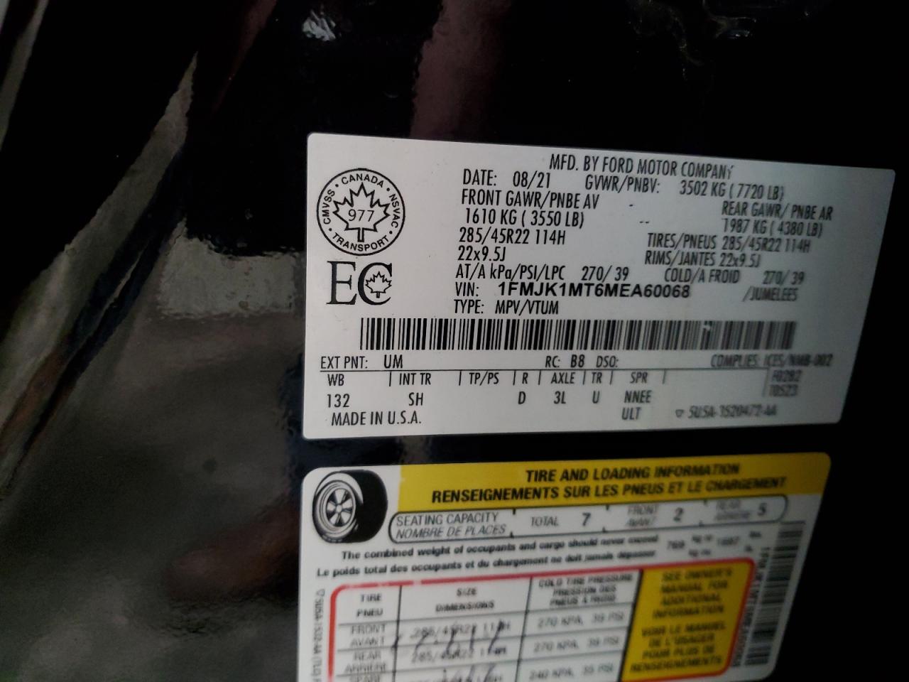 2021 Ford Expedition Max Platinum VIN: 1FMJK1MT6MEA60068 Lot: 93271375