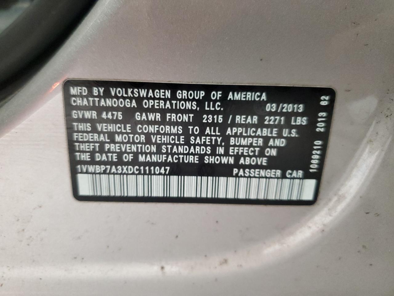 2013 Volkswagen Passat Se VIN: 1VWBP7A3XDC111047 Lot: 91461445