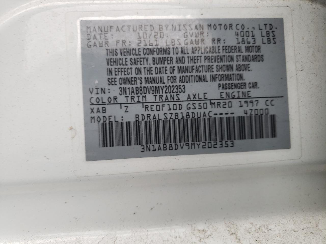 2021 Nissan Sentra Sr VIN: 3N1AB8DV9MY202353 Lot: 91712945