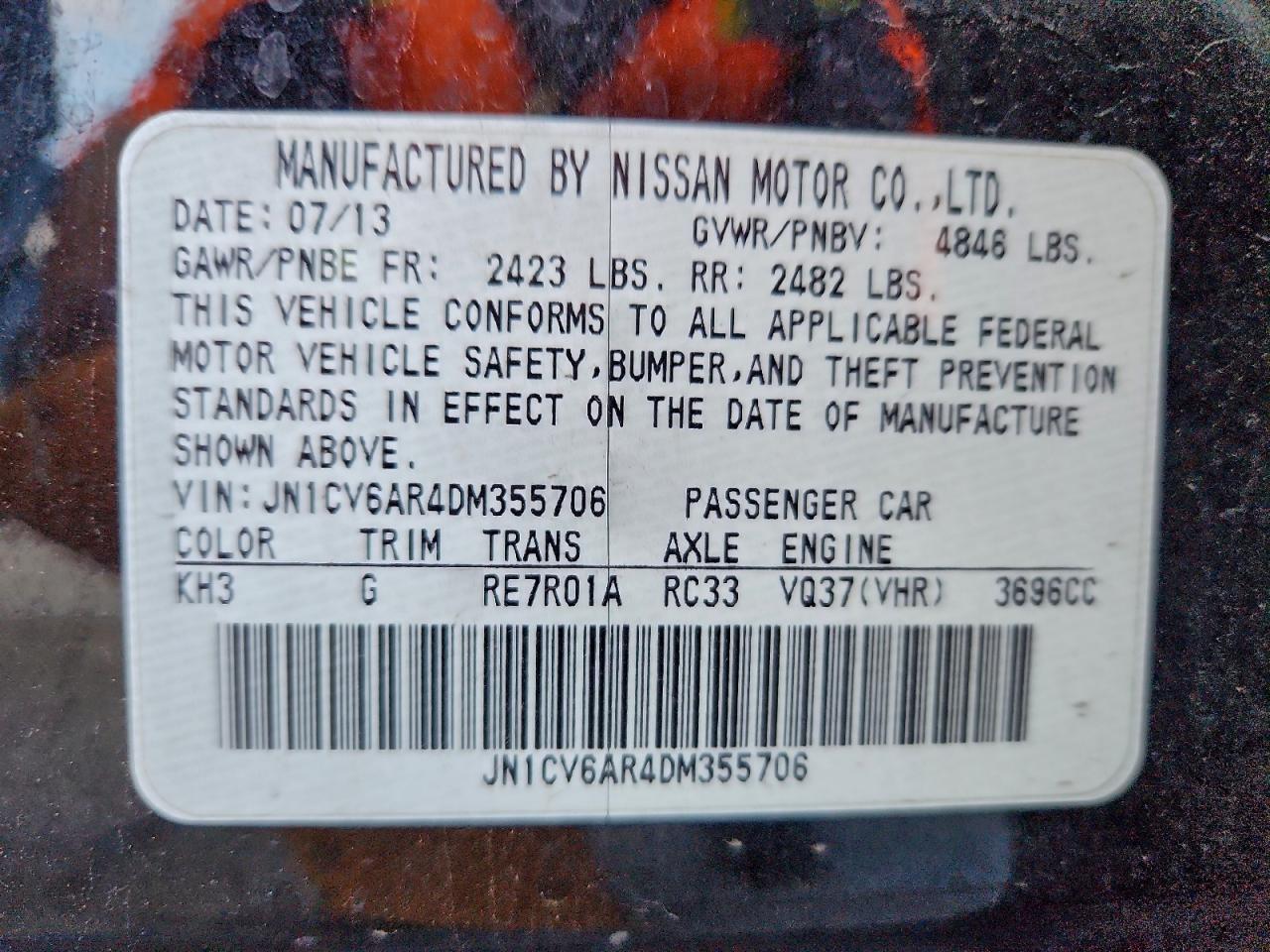 2013 Infiniti G37 VIN: JN1CV6AR4DM355706 Lot: 94518385