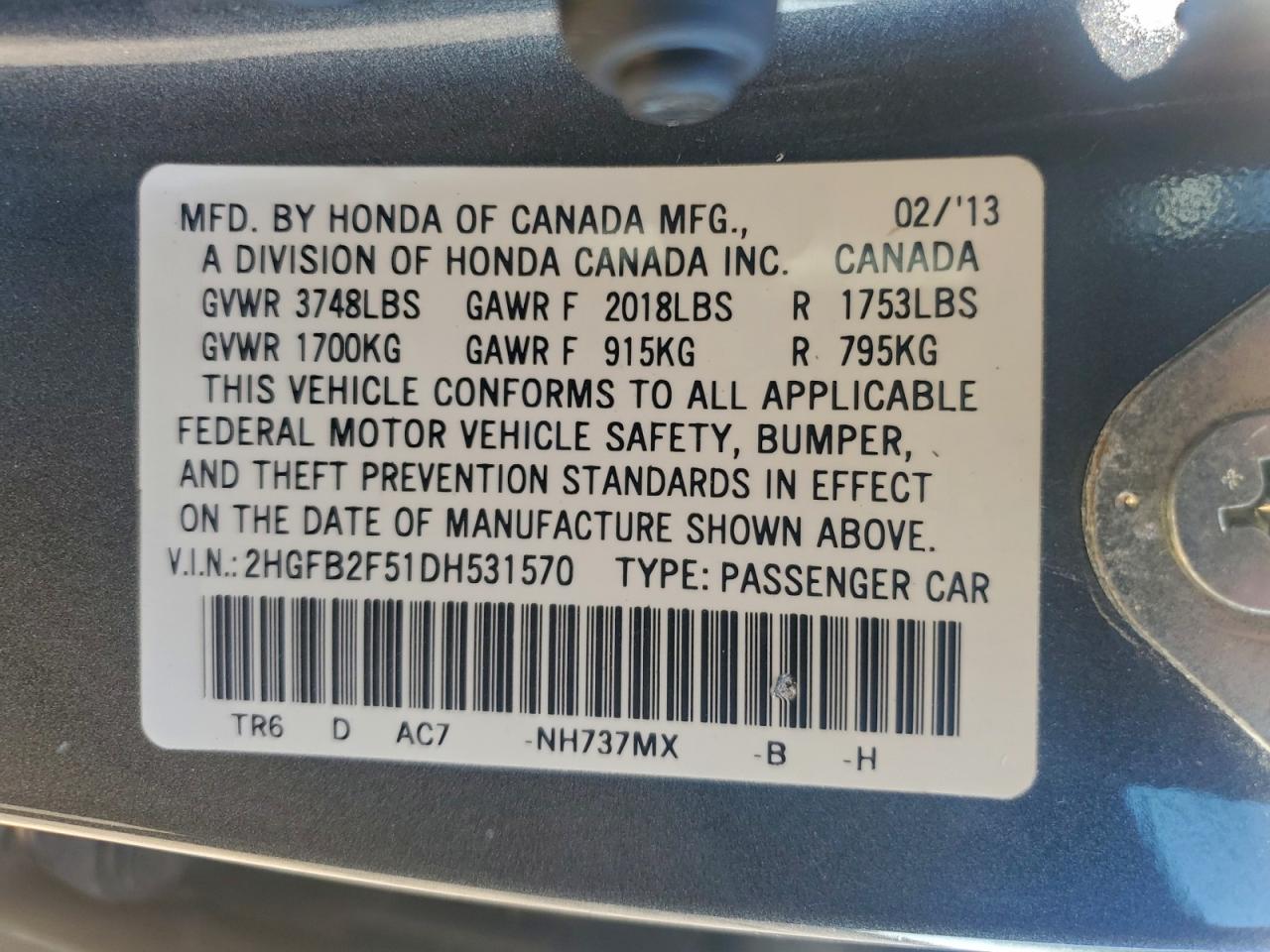 2013 Honda Civic Lx VIN: 2HGFB2F51DH531570 Lot: 94550975