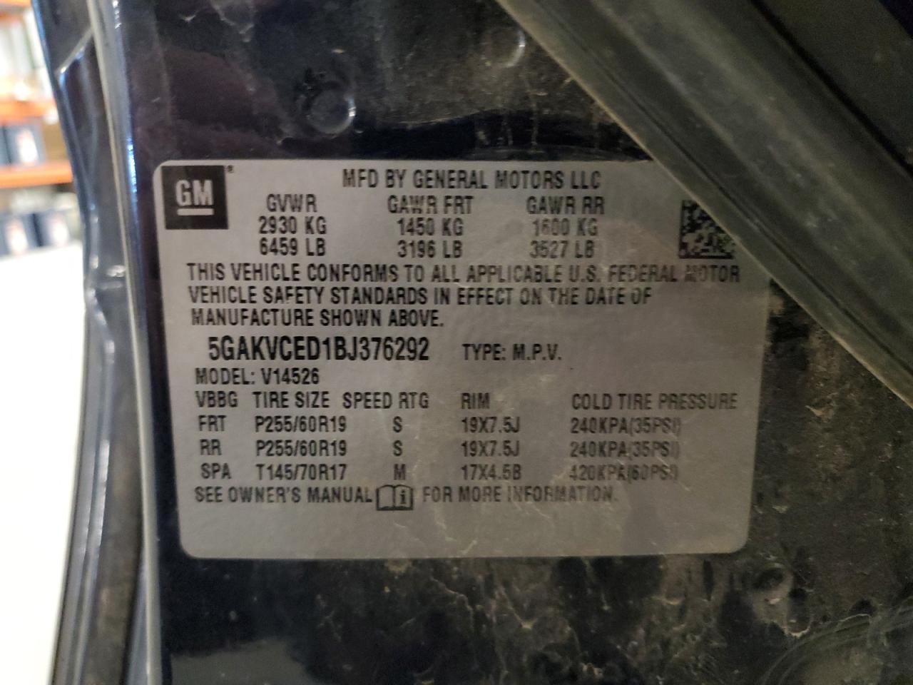 2011 Buick Enclave Cxl VIN: 5GAKVCED1BJ376292 Lot: 90755435