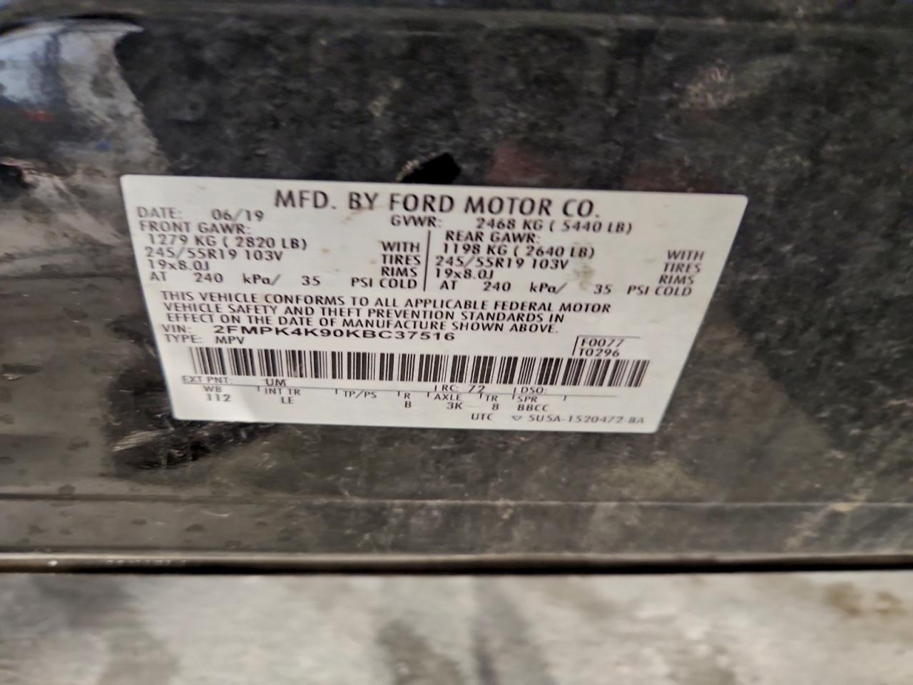 2019 Ford Edge Titanium VIN: 2FMPK4K90KBC37516 Lot: 93299415