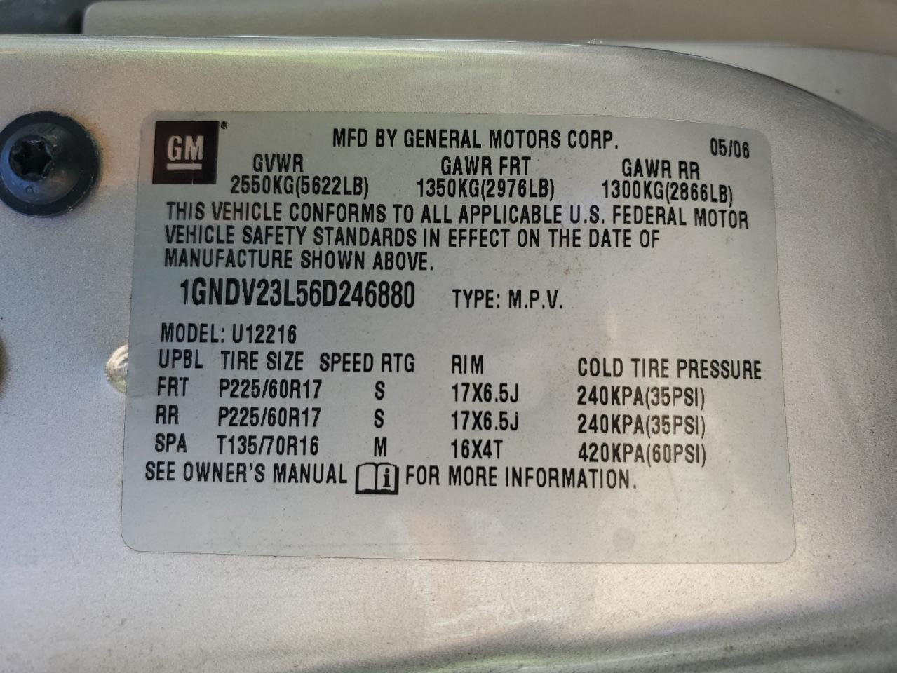 2006 Chevrolet Uplander Ls VIN: 1GNDV23L56D246880 Lot: 93139915