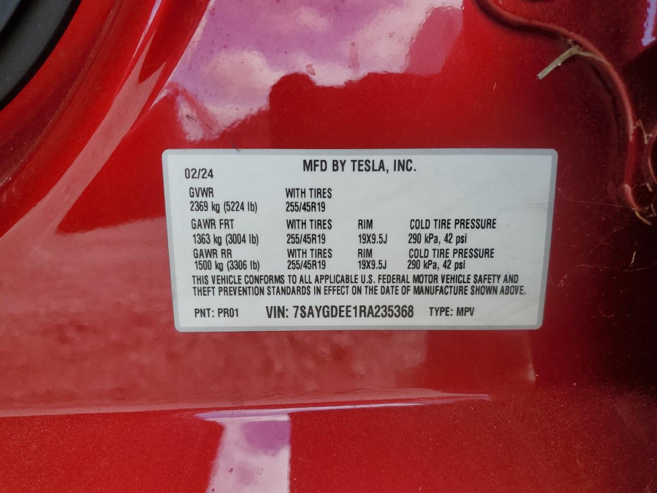 2024 Tesla Model Y VIN: 7SAYGDEE1RA235368 Lot: 91461185