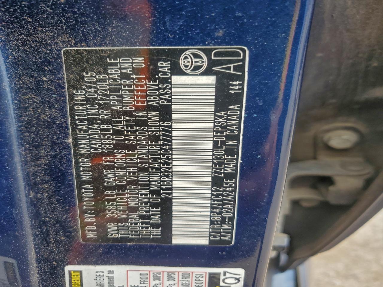 2005 Toyota Corolla Ce VIN: 2T1BR32E25C477776 Lot: 94157155