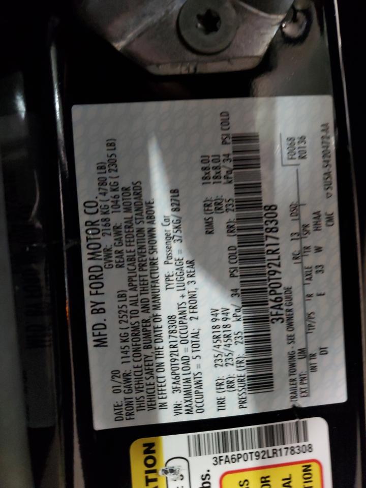 2020 Ford Fusion Se VIN: 3FA6P0T92LR178308 Lot: 91046735