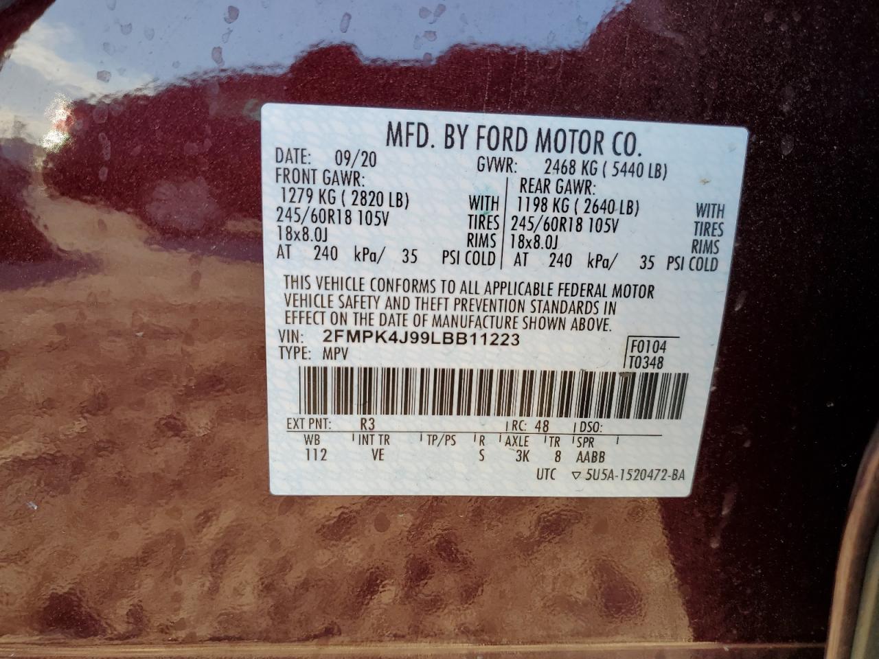 2020 Ford Edge Sel VIN: 2FMPK4J99LBB11223 Lot: 91271055