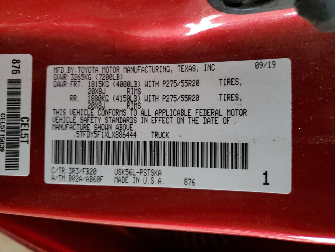 2020 Toyota Tundra Crewmax Sr5 VIN: 5TFDY5F1XLX886444 Lot: 93630755