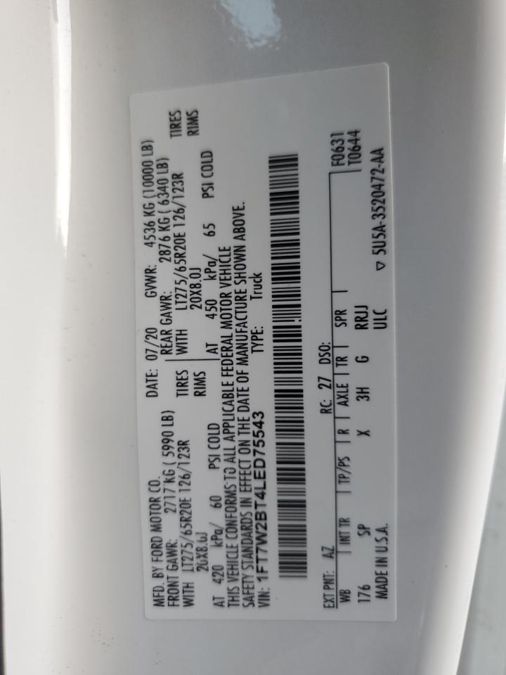 2020 Ford F250 Super Duty VIN: 1FT7W2BT4LED75543 Lot: 92108395
