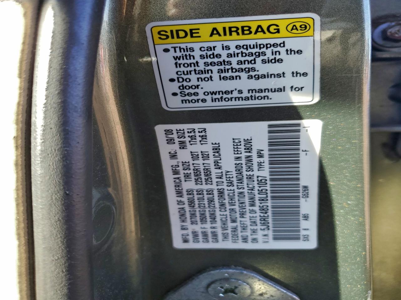 2008 Honda Cr-V Ex VIN: 5J6RE48518L051057 Lot: 93465465