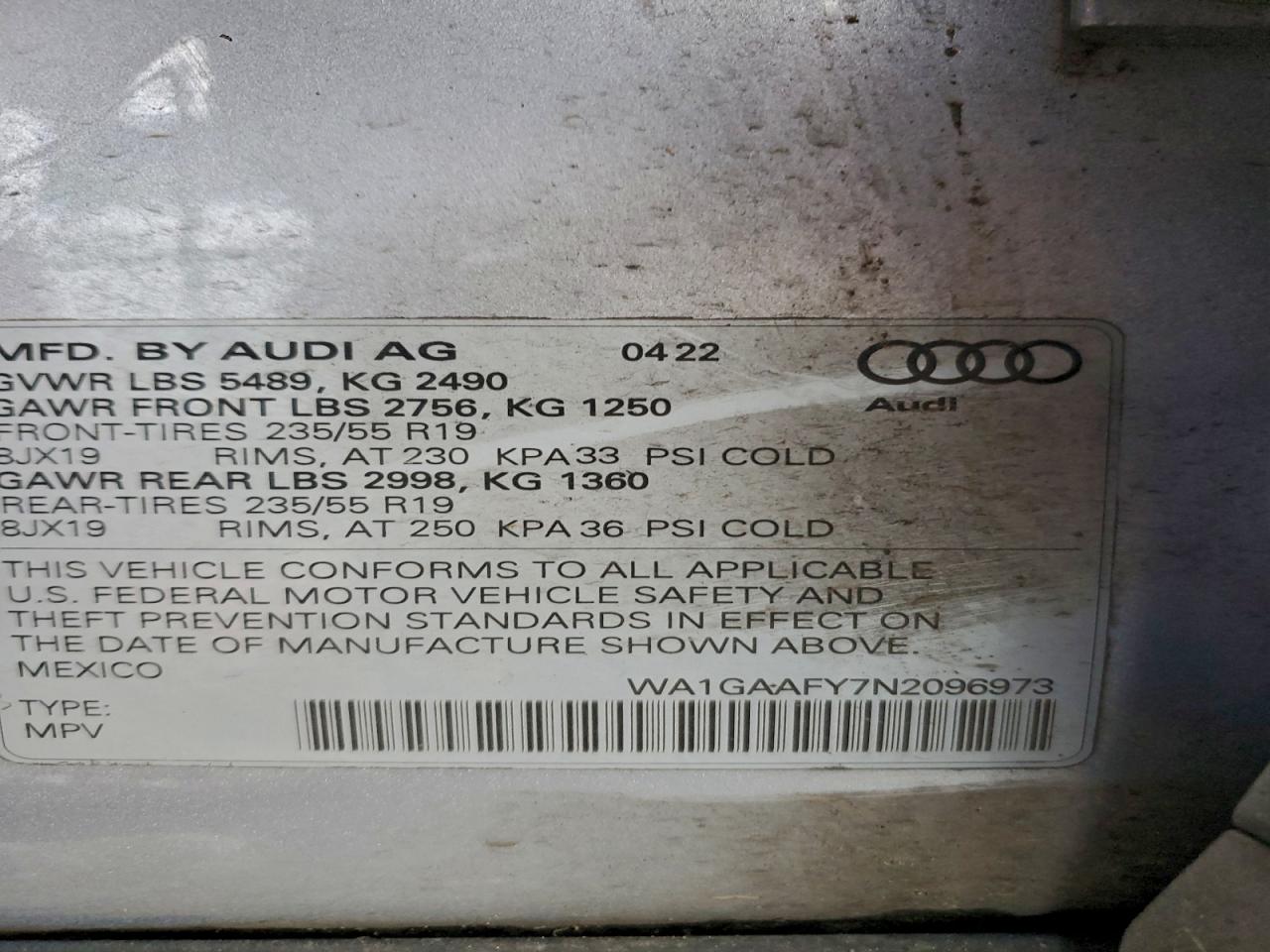 2022 Audi Q5 Premium 45 VIN: WA1GAAFY7N2096973 Lot: 93730285