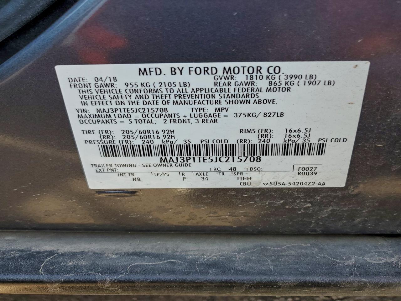 2018 Ford Ecosport Se VIN: MAJ3P1TE5JC215708 Lot: 94390075