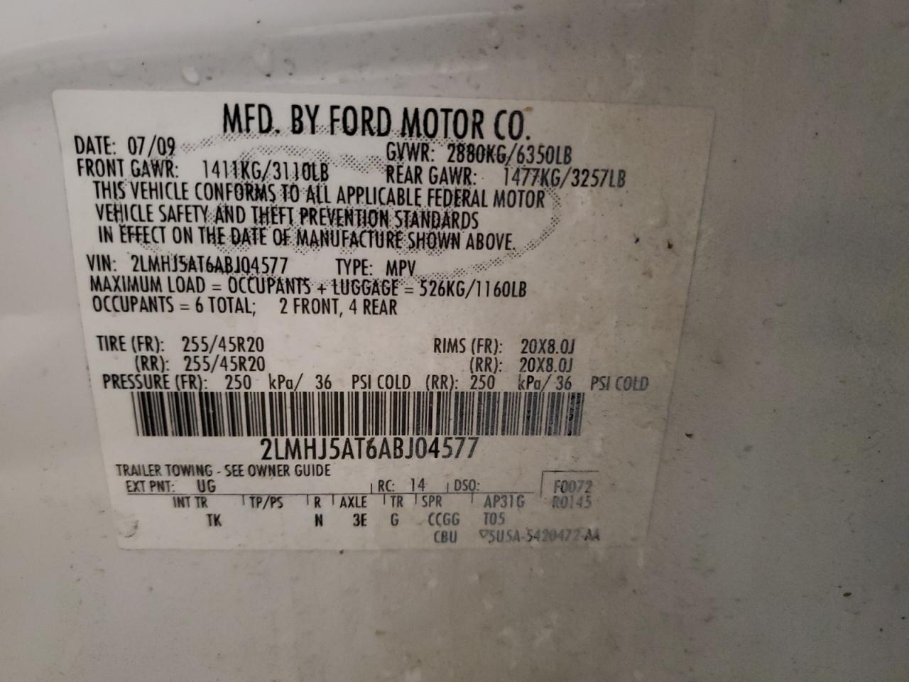 2010 Lincoln Mkt VIN: 2LMHJ5AT6ABJ04577 Lot: 93205815