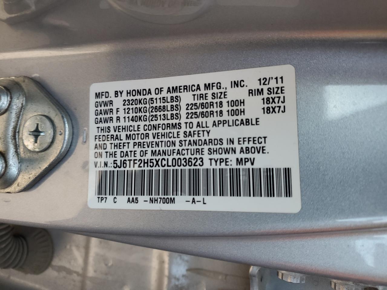 2012 Honda Crosstour Exl VIN: 5J6TF2H5XCL003623 Lot: 91439565