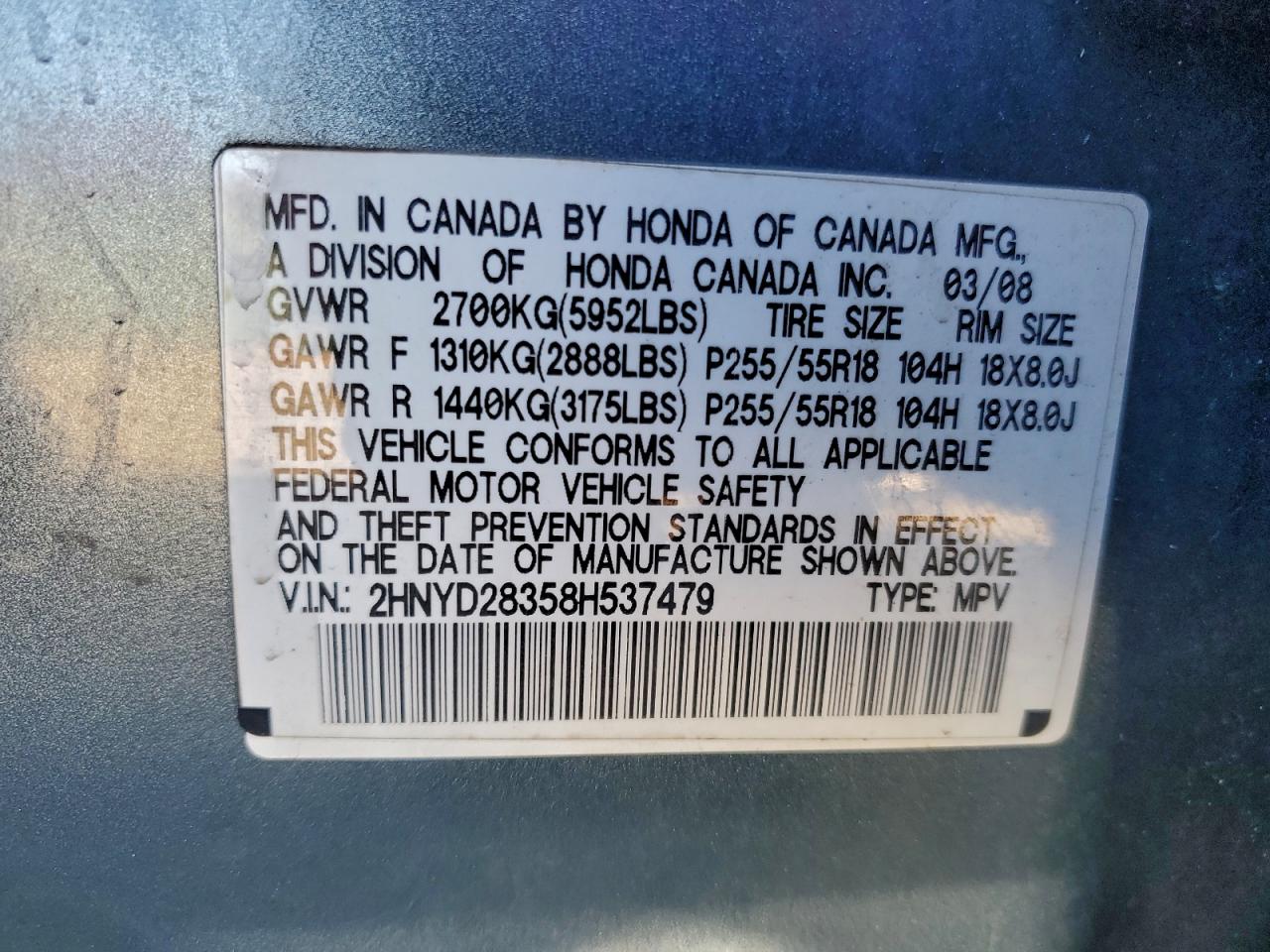 2008 Acura Mdx Technology VIN: 2HNYD28358H537479 Lot: 94024145