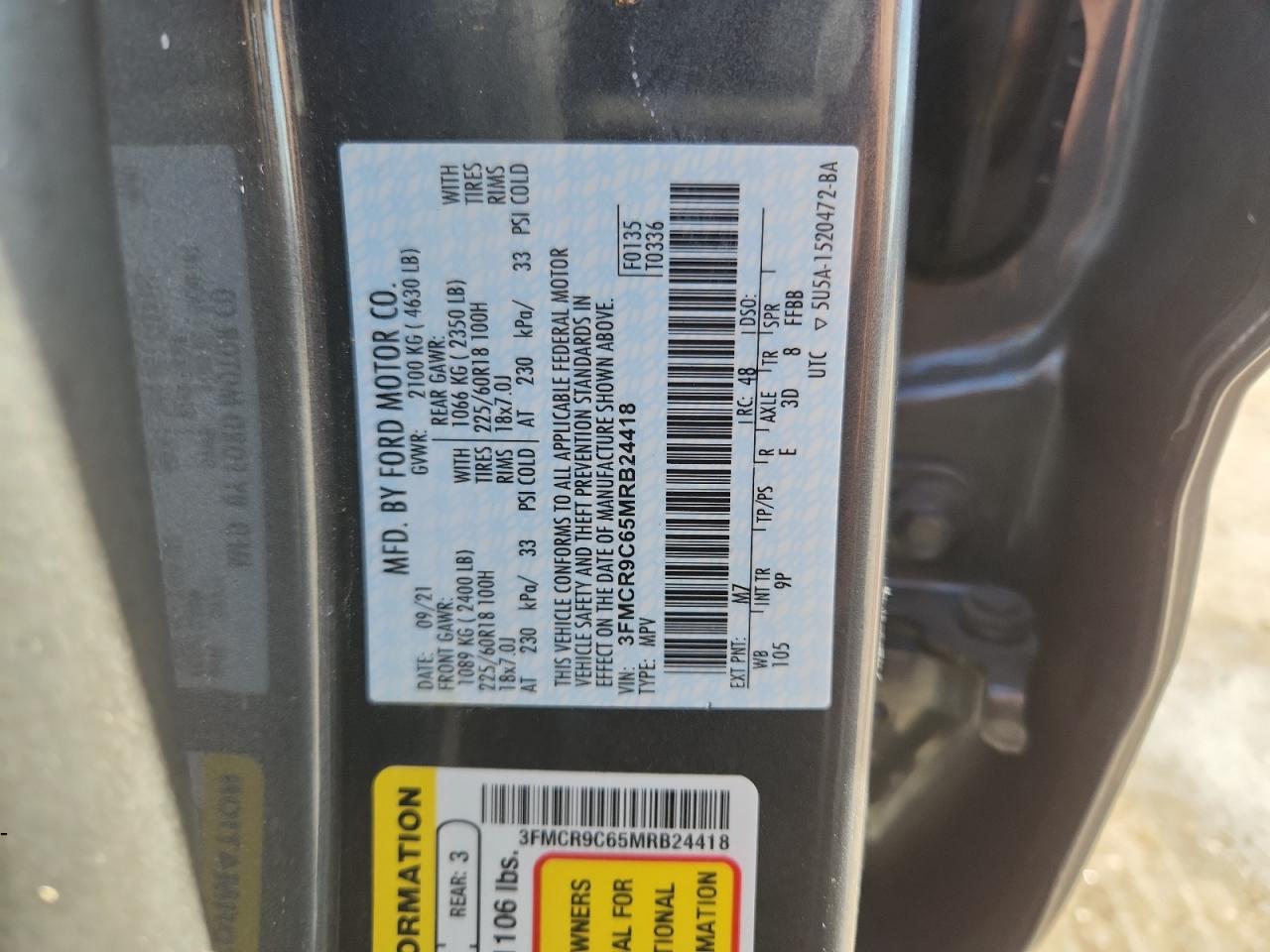 2021 Ford Bronco Sport Outer Banks VIN: 3FMCR9C65MRB24418 Lot: 91025035